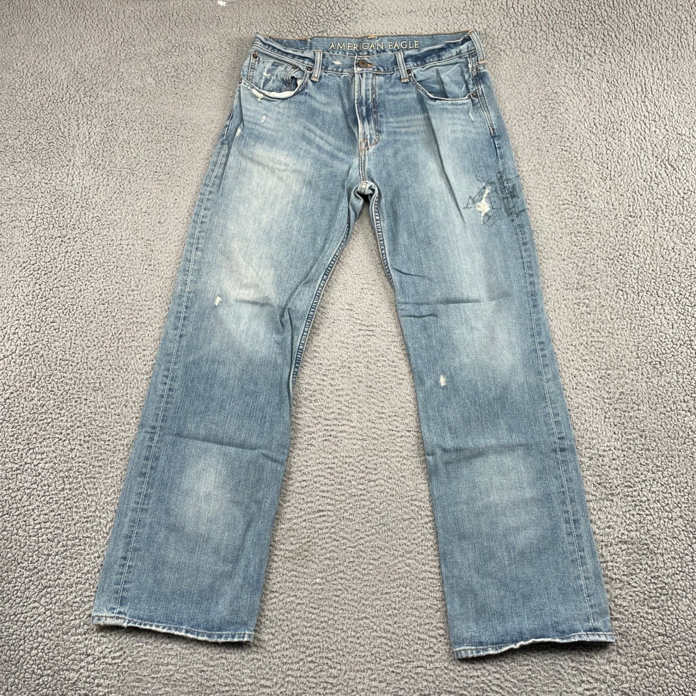 Y2K American Eagle Jeans Mens 34x34 Blue Low Loose Distressed Relaxed Fit